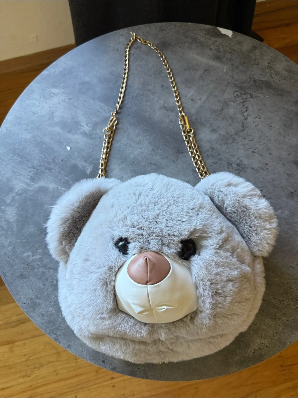 Popatu Plush Teddy Bear Crossbody Bag - Light Gray with Gold Chain